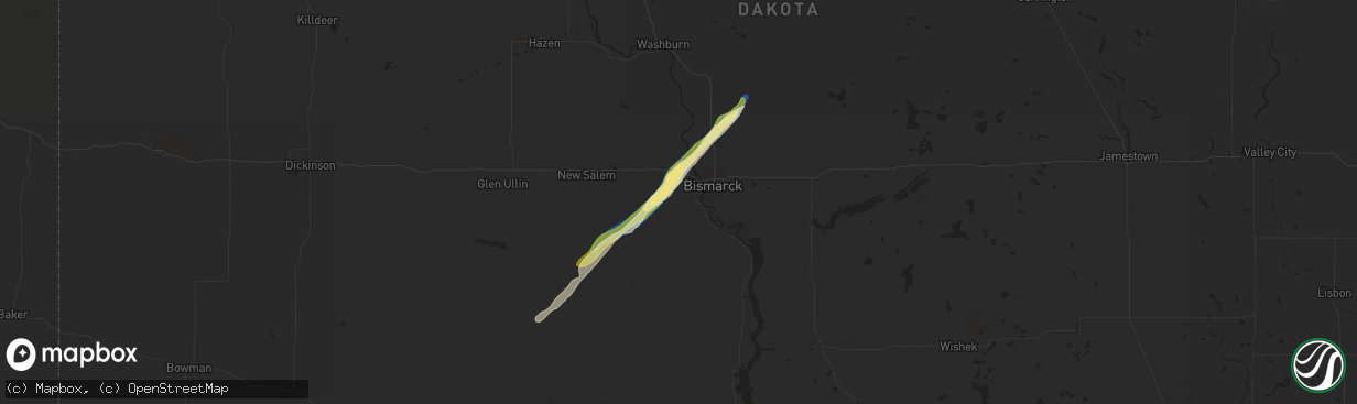 Hail map in Mandan, ND on July 27, 2024