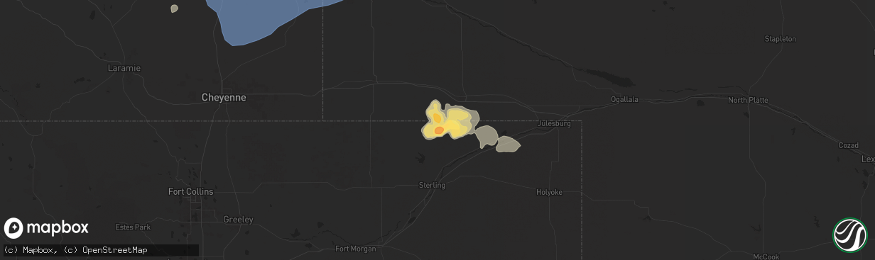 Hail map in Peetz, CO on July 27, 2024