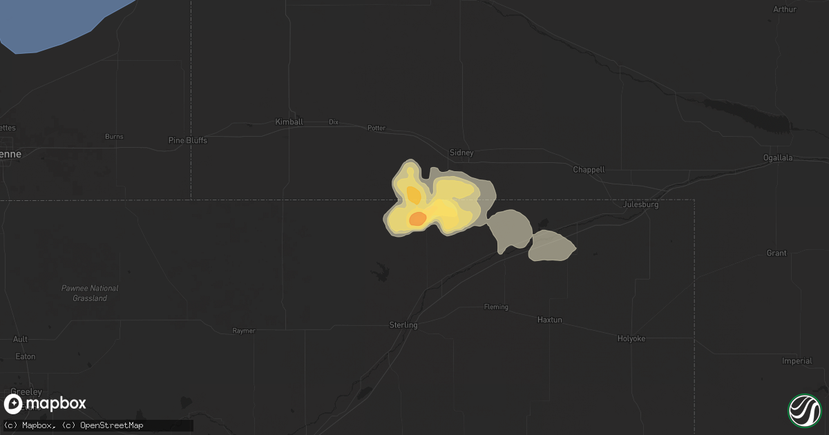 Hail map in Peetz, CO on July 27, 2024