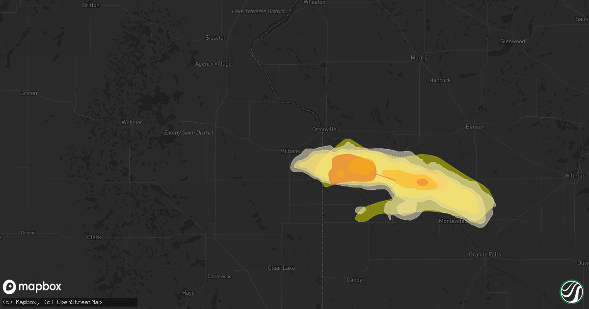 Hail map in Milbank, SD on July 27, 2025
