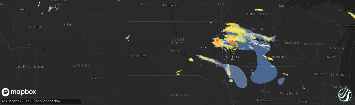 Hail map in South Dakota on July 27, 2025
