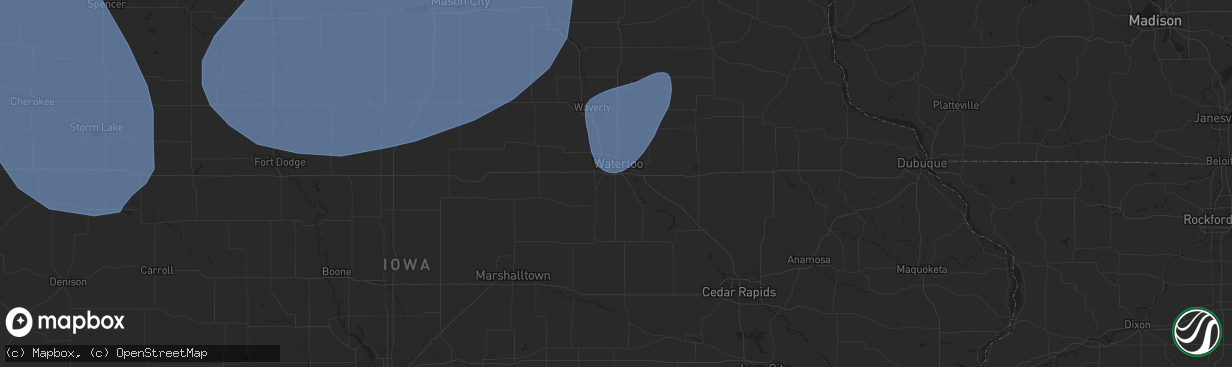 Hail map in Waterloo, IA on July 27, 2025