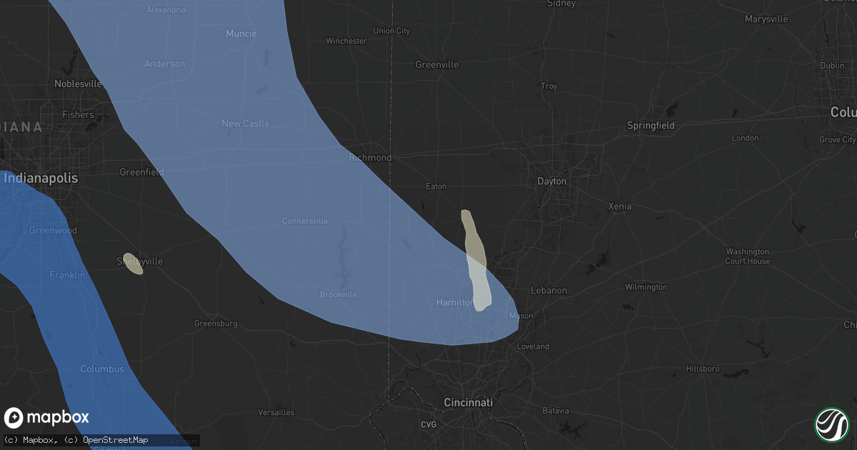 Hail map in Camden, OH on July 27, 2026