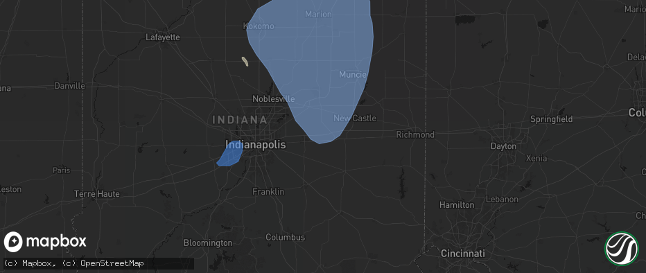 Hail map in Charlottesville, IN on July 27, 2026