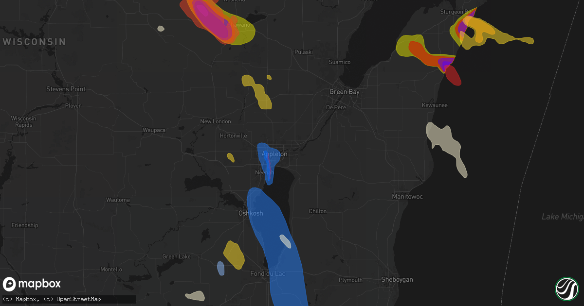 Hail map in Combined Locks, WI on July 27, 2026