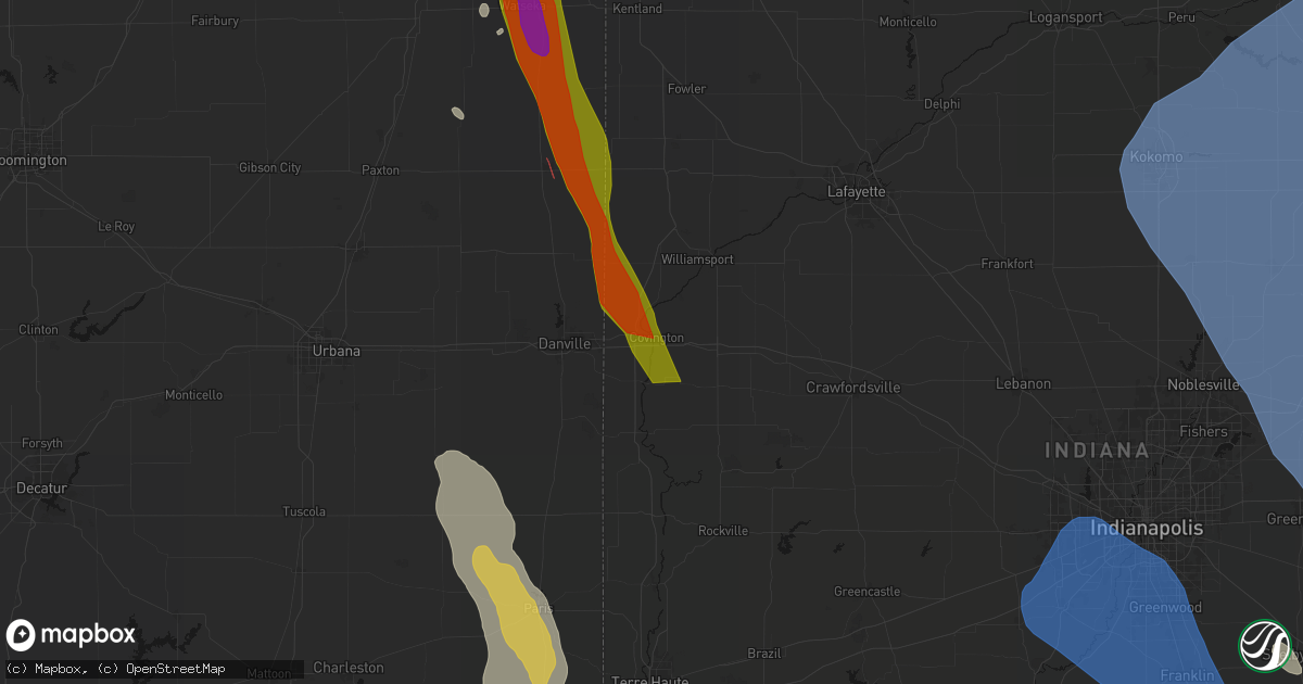 Hail map in Covington, IN on July 27, 2026