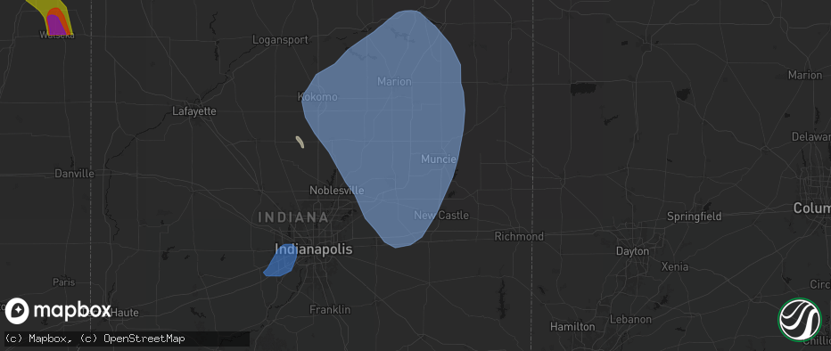 Hail map in Daleville, IN on July 27, 2026