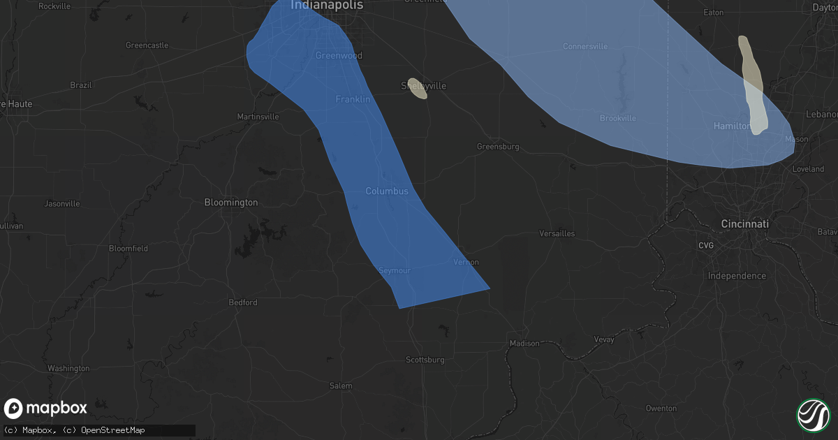 Hail map in Elizabethtown, IN on July 27, 2026