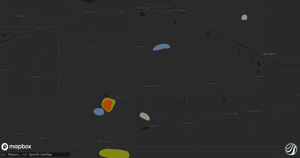 Hail map in Hayes Center, NE on July 27, 2026