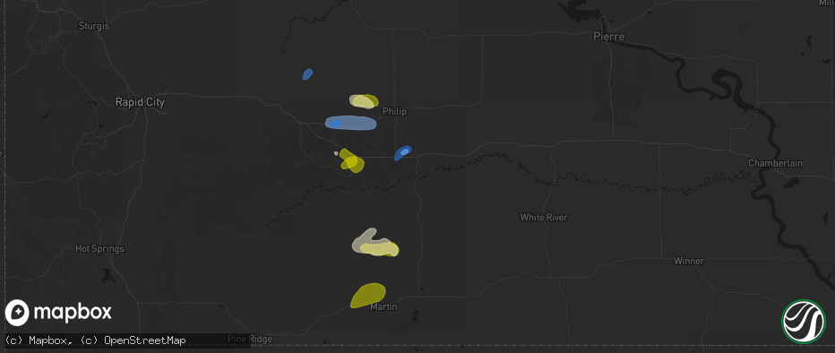 Hail map in Kadoka, SD on July 27, 2026