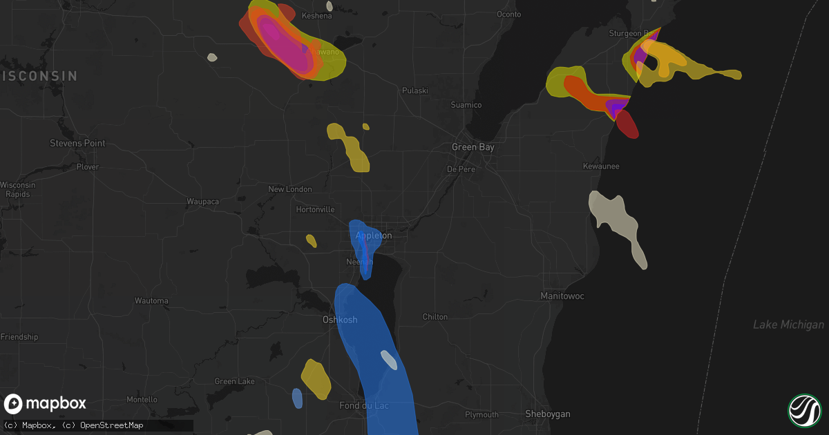 Hail map in Kaukauna, WI on July 27, 2026