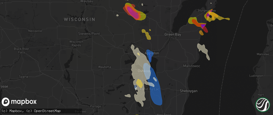 Hail map in Larsen, WI on July 27, 2026