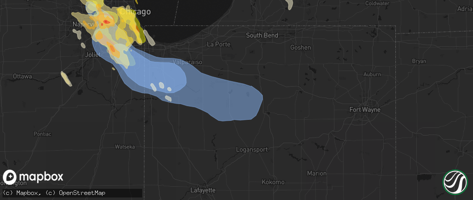 Hail map in Monterey, IN on July 27, 2026