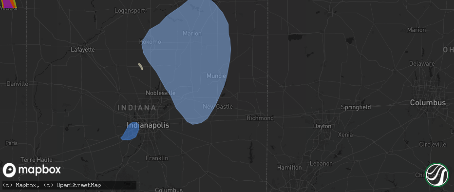 Hail map in Mooreland, IN on July 27, 2026