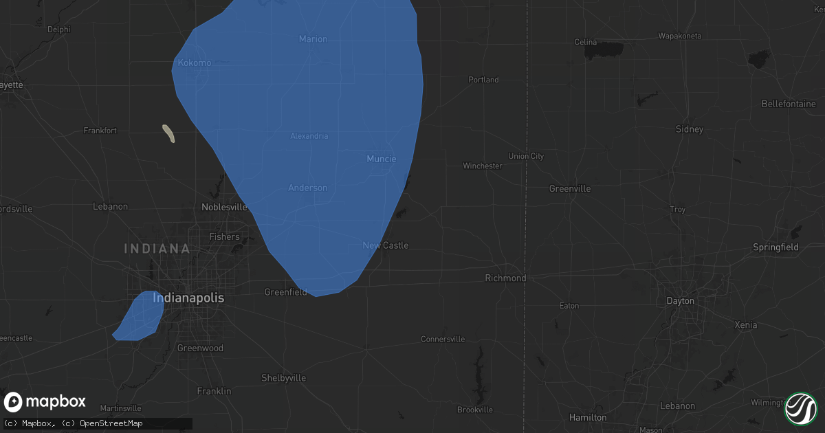 Hail map in Mooreland, IN on July 27, 2026