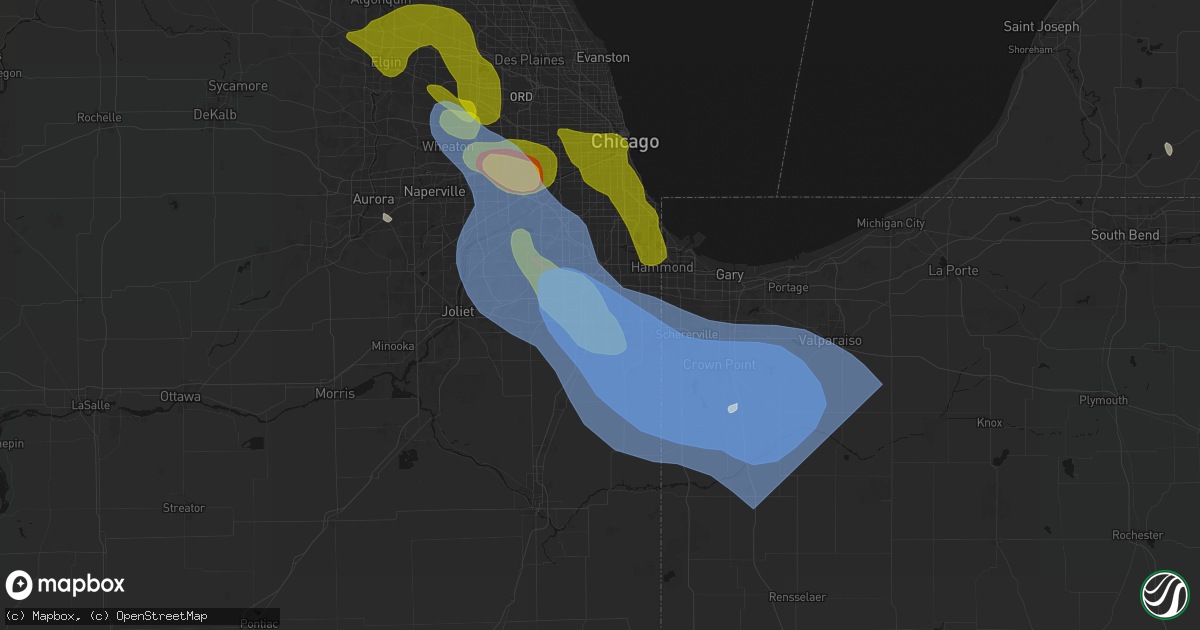 Hail map in Olympia Fields, IL on July 27, 2026