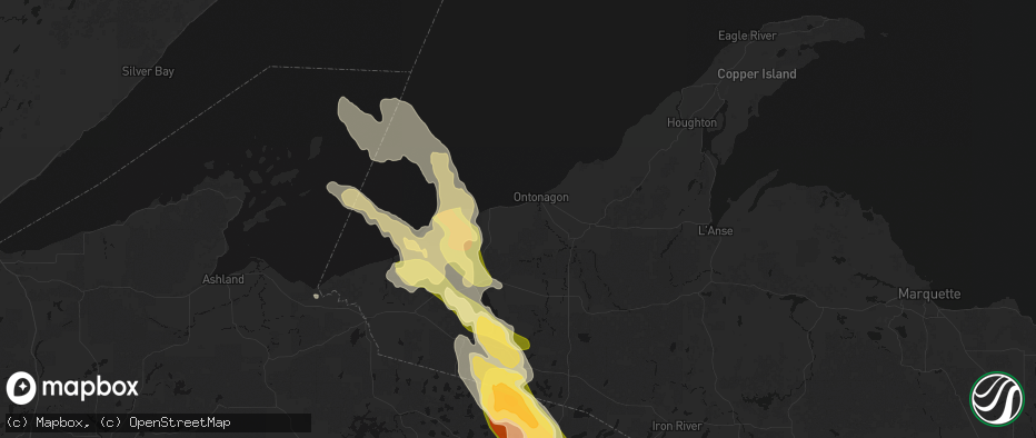Hail map in Ontonagon, MI on July 27, 2026