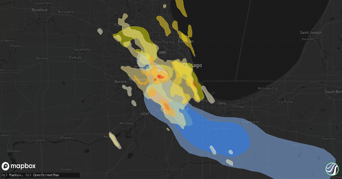 Hail map in Palos Hills, IL on July 27, 2026