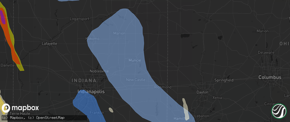 Hail map in Parker City, IN on July 27, 2026