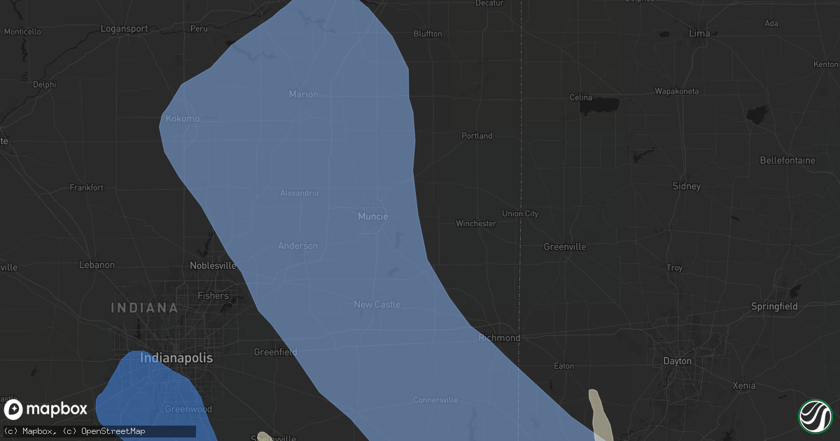 Hail map in Parker City, IN on July 27, 2026