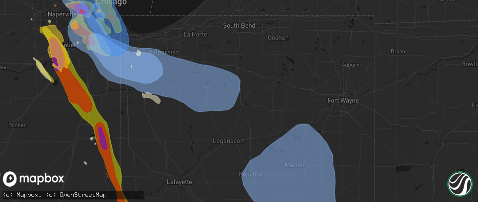 Hail map in Rochester, IN on July 27, 2026