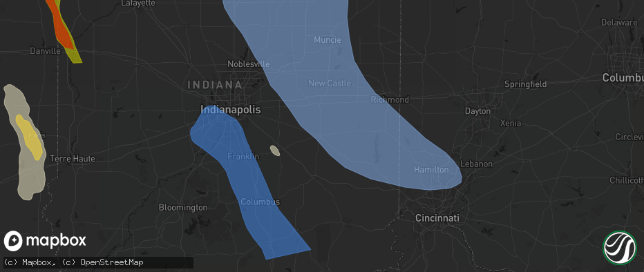 Hail map in Rushville, IN on July 27, 2026