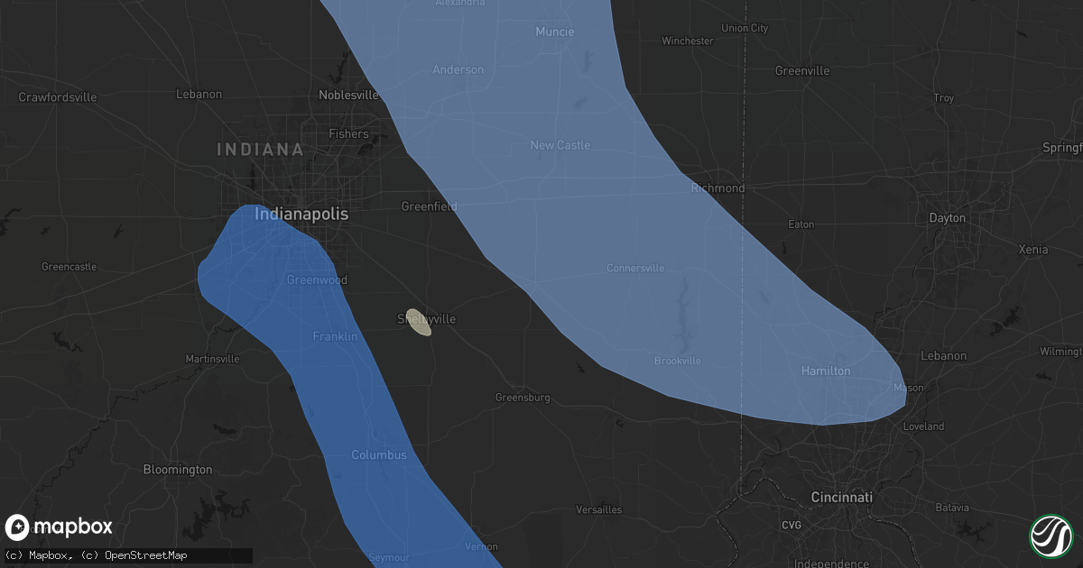 Hail map in Rushville, IN on July 27, 2026
