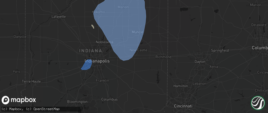 Hail map in Spiceland, IN on July 27, 2026