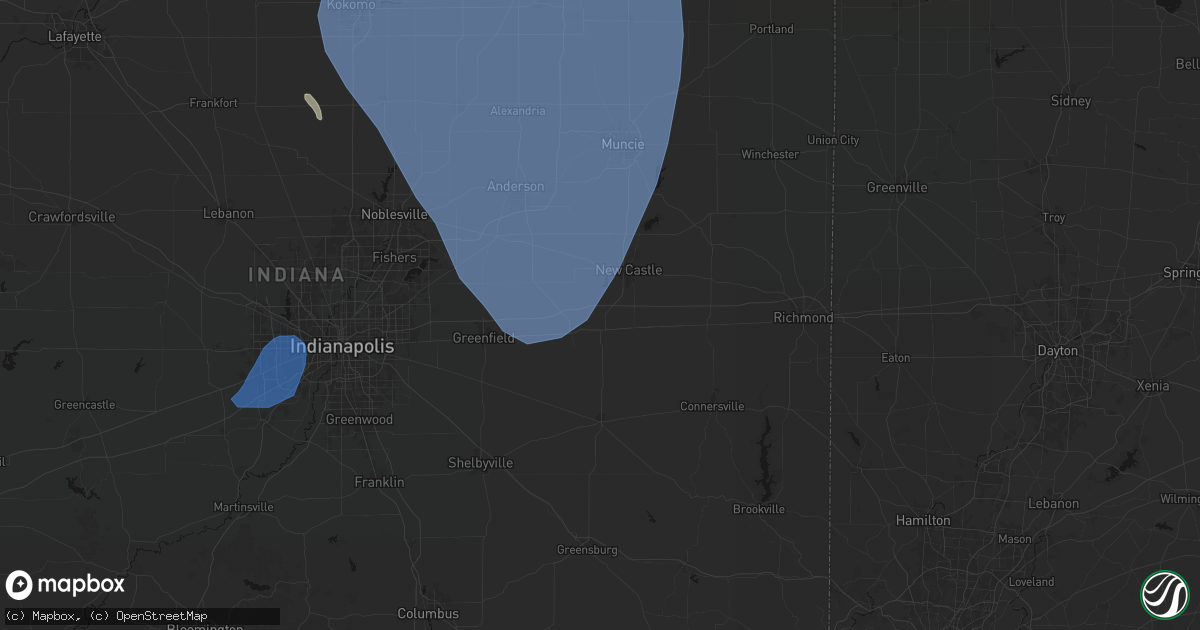 Hail map in Spiceland, IN on July 27, 2026