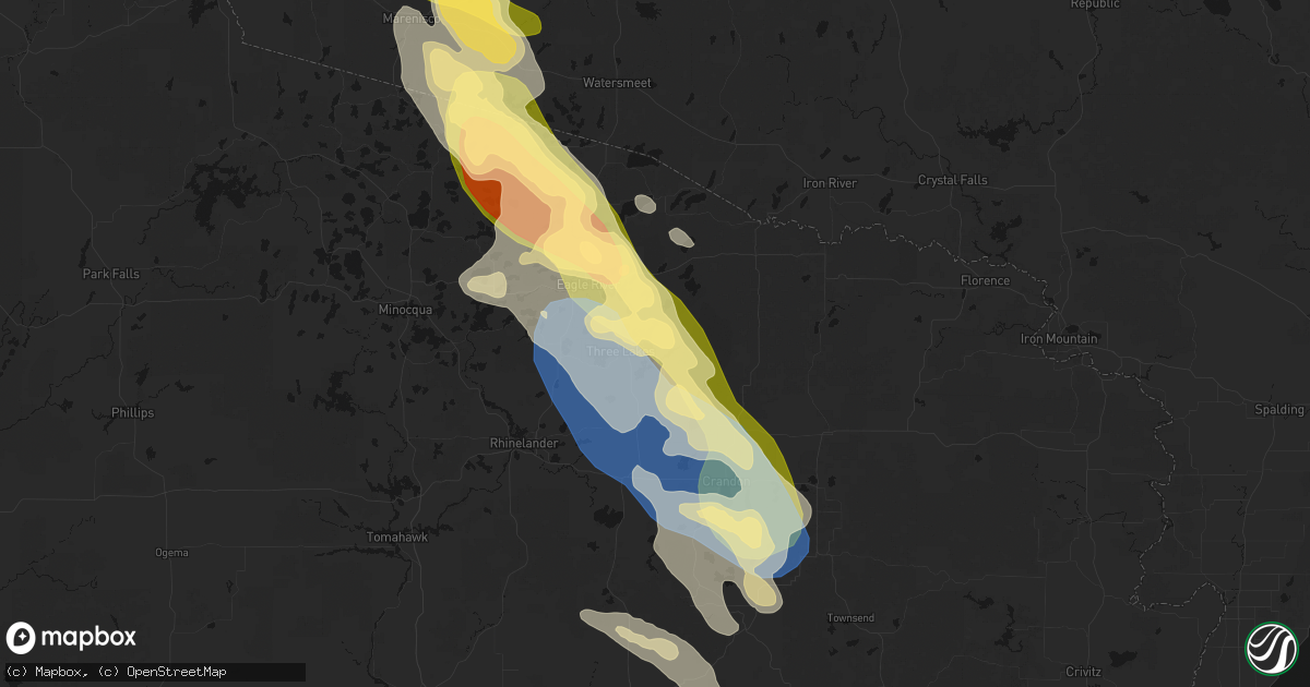 Hail map in Three Lakes, WI on July 27, 2026