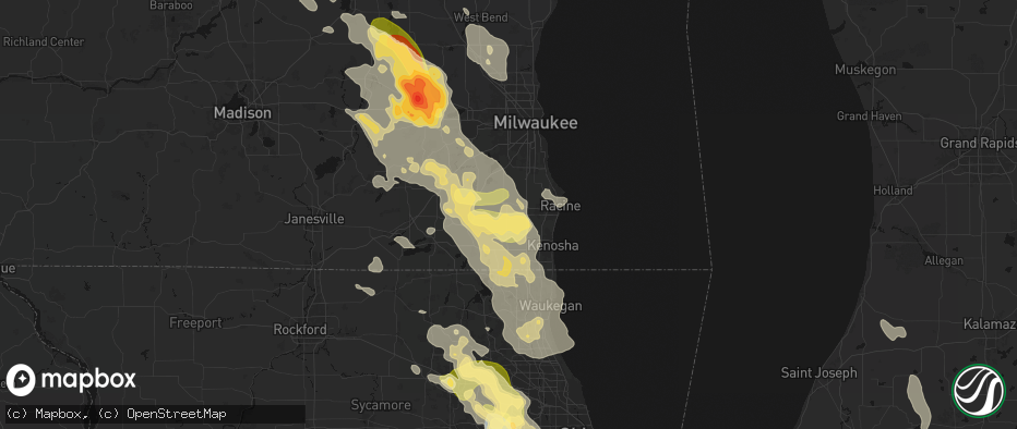 Hail map in Union Grove, WI on July 27, 2026