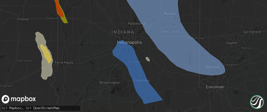 Hail map in Whiteland, IN on July 27, 2026