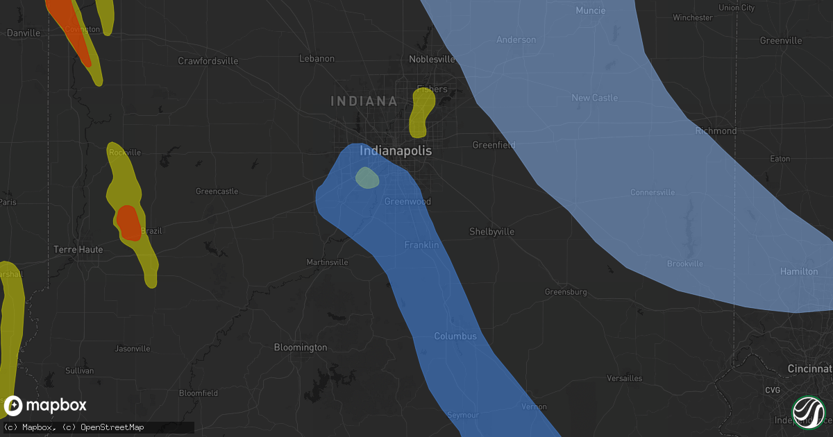 Hail map in Whiteland, IN on July 27, 2026