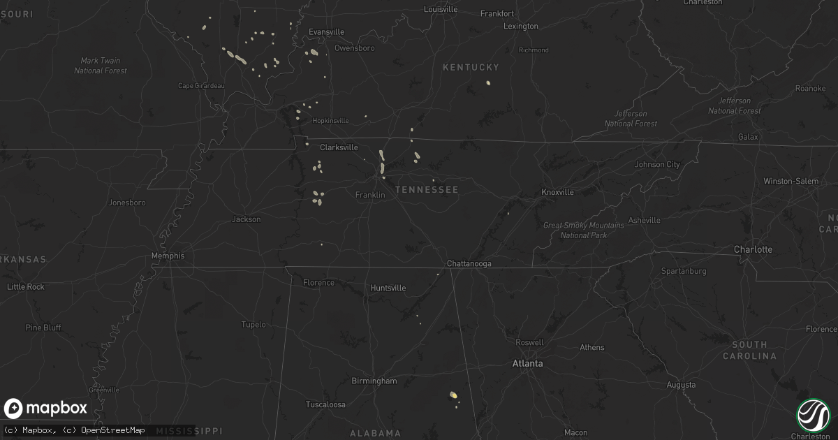 Hail map in Tennessee on July 28, 2015