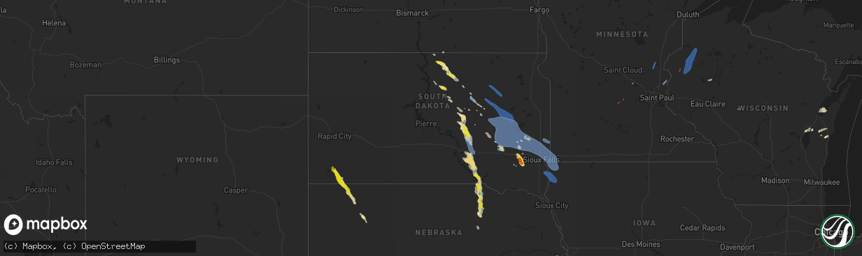 Hail map in South Dakota on July 28, 2019