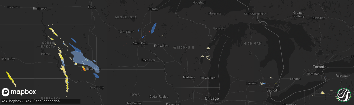 Hail map in Wisconsin on July 28, 2019