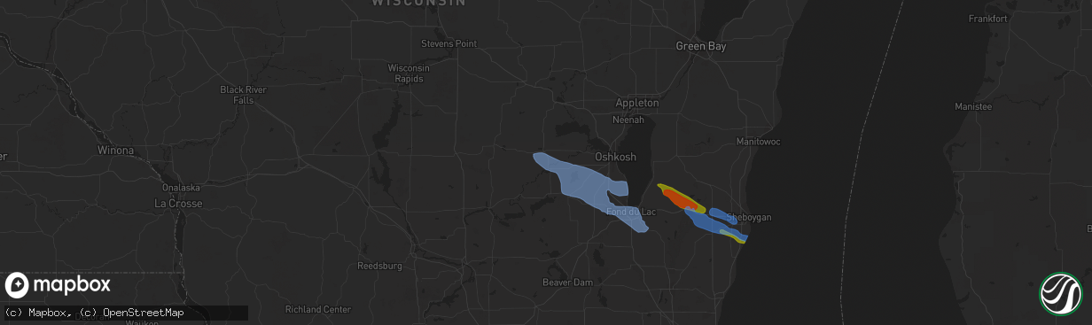 Hail map in Berlin, WI on July 28, 2020