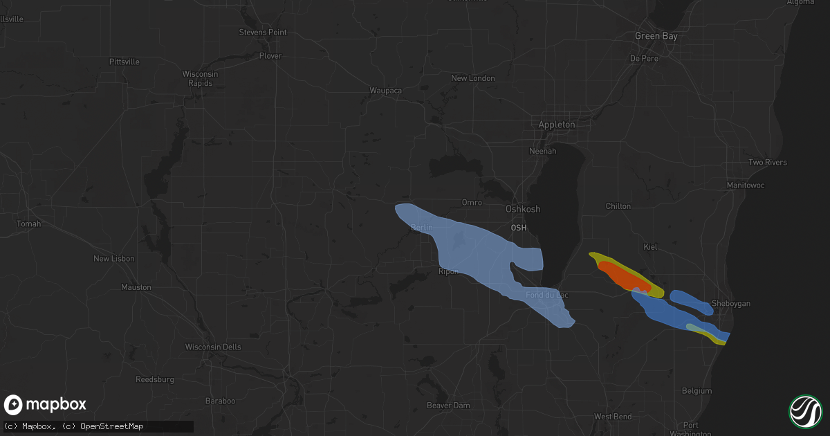 Hail map in Berlin, WI on July 28, 2020