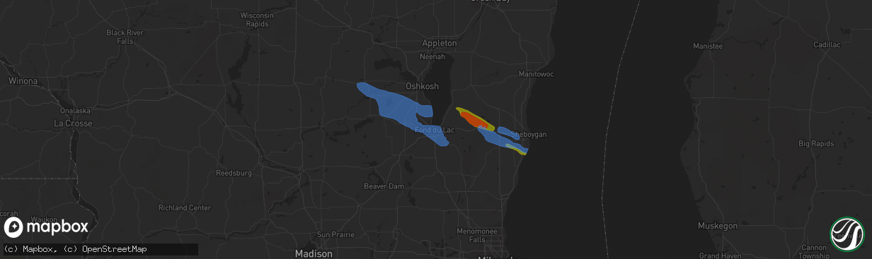 Hail map in Fond Du Lac, WI on July 28, 2020