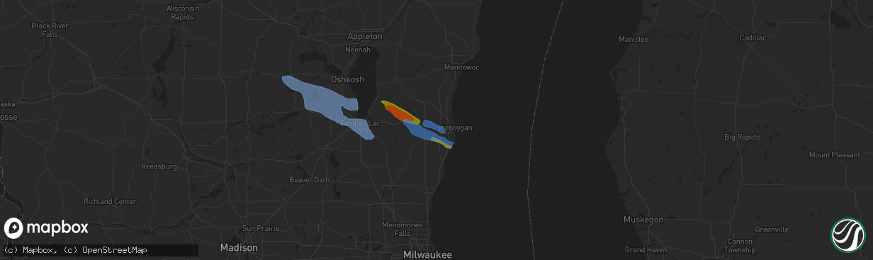 Hail map in Sheboygan Falls, WI on July 28, 2020