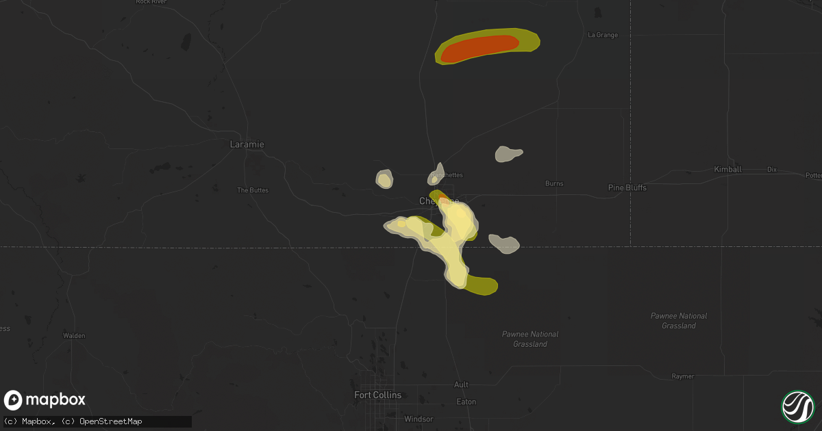 Hail map in Cheyenne, WY on July 28, 2023