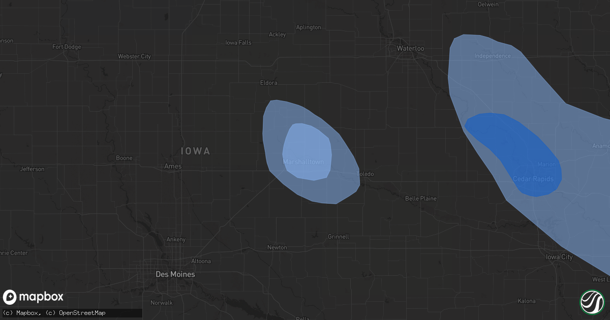 Hail map in Marshalltown, IA on July 28, 2023