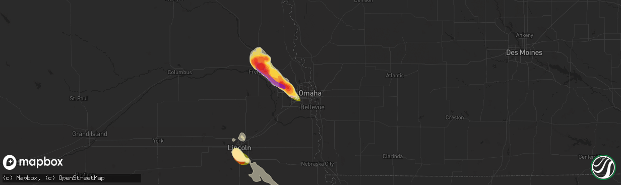 Hail map in Omaha, NE on July 28, 2023