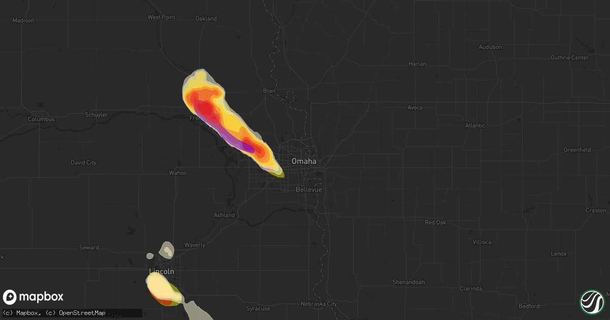Hail map in Omaha, NE on July 28, 2023