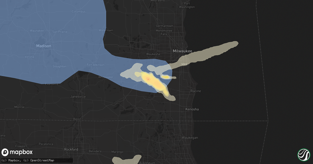 Hail map in Waterford, WI on July 28, 2023