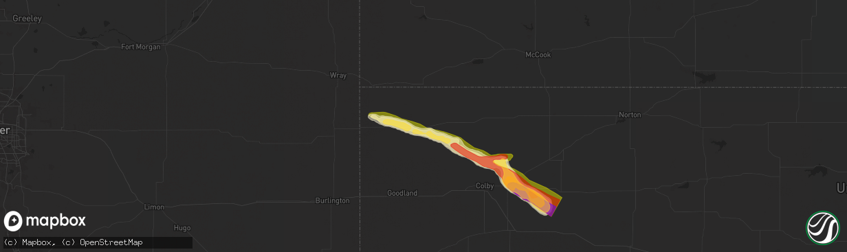 Hail map in Bird City, KS on July 28, 2024