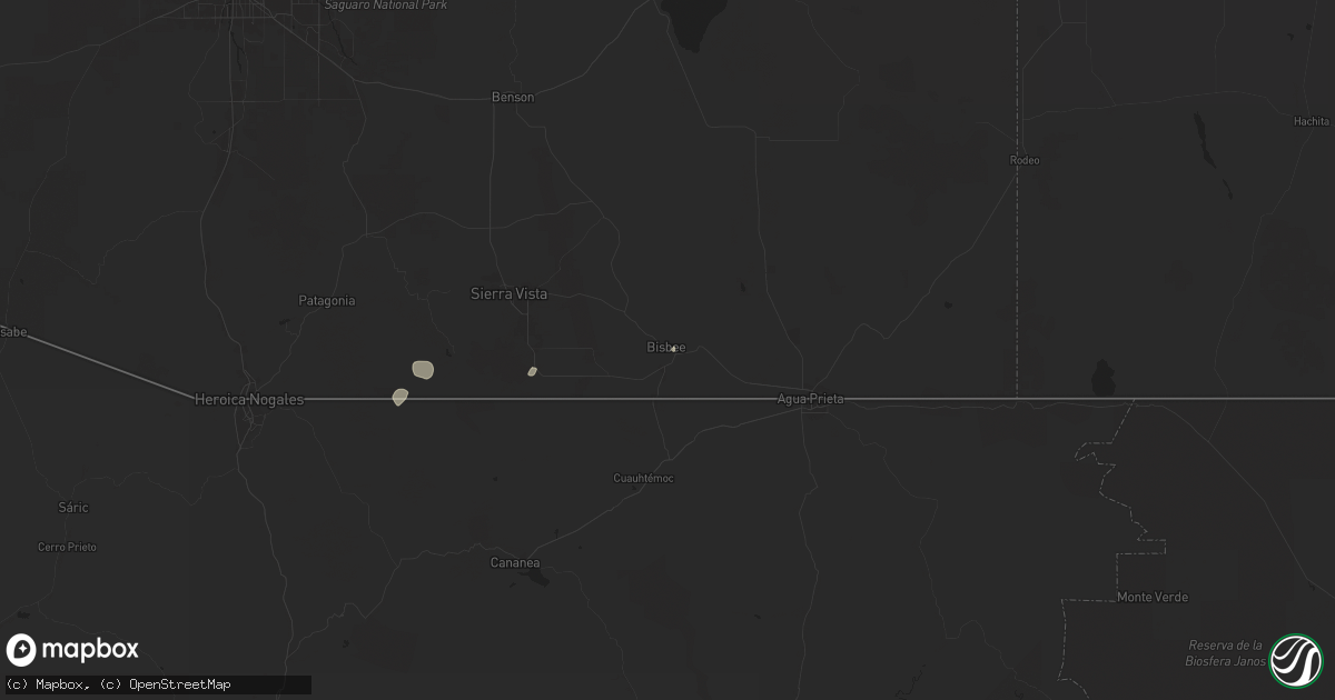 Hail map in Bisbee, AZ on July 28, 2024