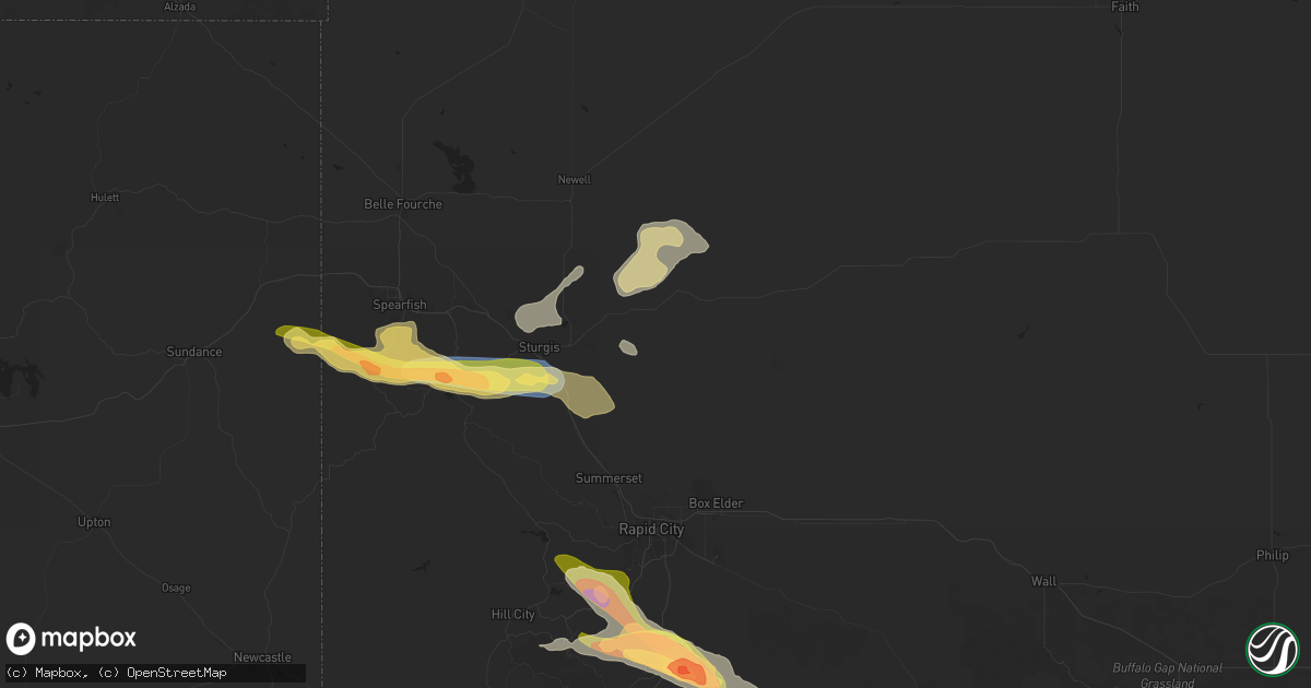 Hail map in Sturgis, SD on July 28, 2024