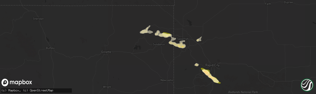 Hail map in Sundance, WY on July 28, 2024