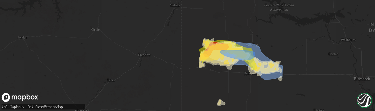 Hail map in Beach, ND on July 28, 2025
